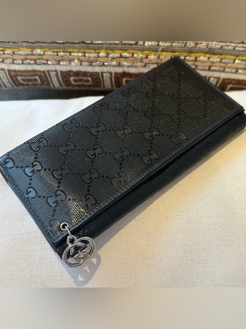 GUCCI  GUCCISSIMA GG BLACK CANVAS LEATHER LONG WALLET BIFOLD